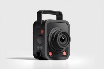 Compact black camera with a handle, buttons, and a lens, ideal for filming.