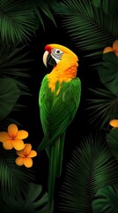 Fototapeta premium A vibrant parrot surrounded by colorful tropical flowers and jungle greenery on a bold black background for a striking phone wallpaper 