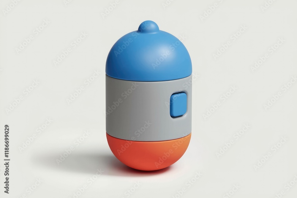 Poster a three-layered capsule-shaped object with a button, possibly a toy or dispenser.