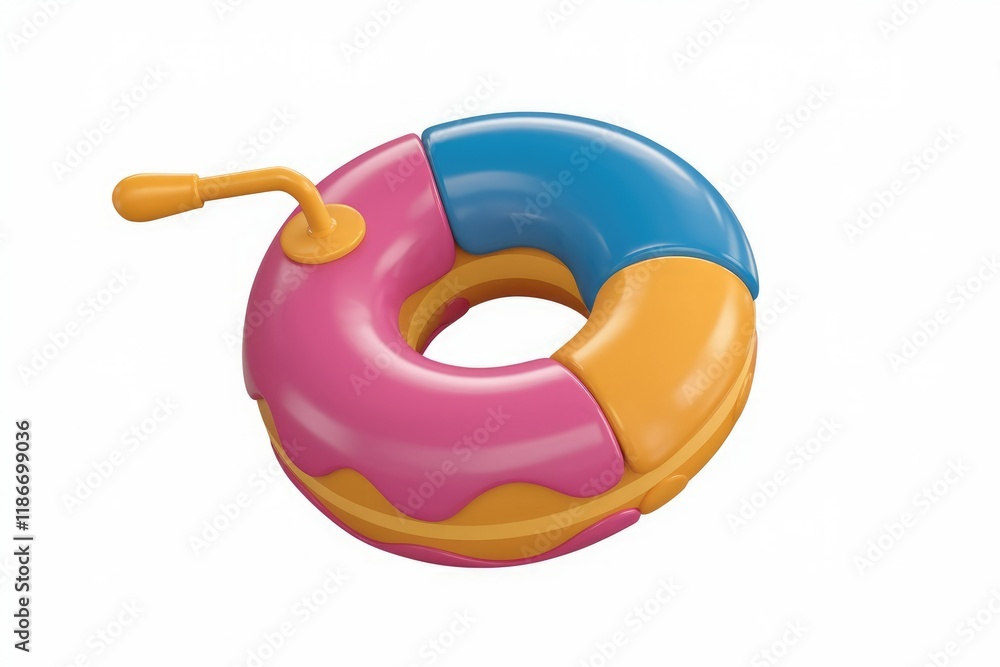 Poster a colorful segmented donut with a small handle, playfully designed in 3d.