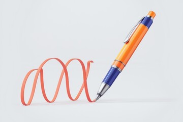 An orange and blue pen elegantly draws a vibrant coral-colored, swirling line on a white background.