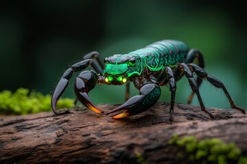 Fototapeta premium A UV lens capturing the intricate fluorescence of a scorpion at night, with its glowing green body standing out sharply
