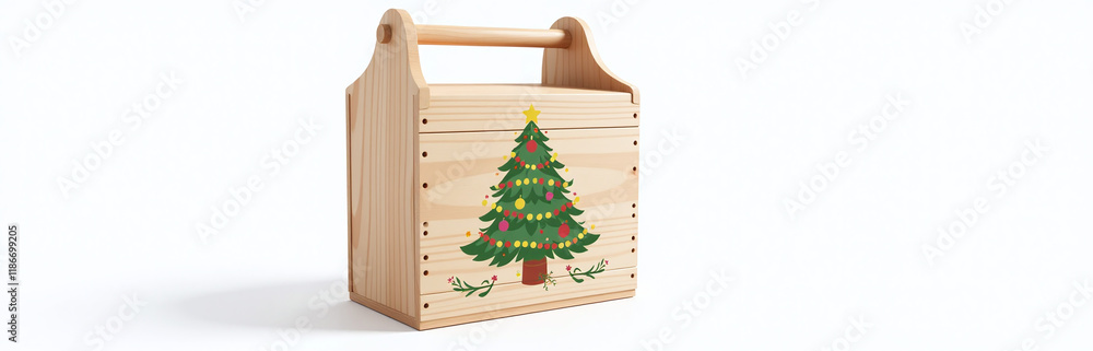 Poster decorated wooden wine box with handle featuring a festive christmas tree design isolated on a clean 