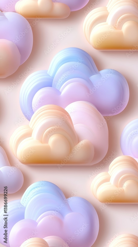 Poster a whimsical cloudscape background wallpaper with cartoonish fluffy clouds floating in a pastel gradi