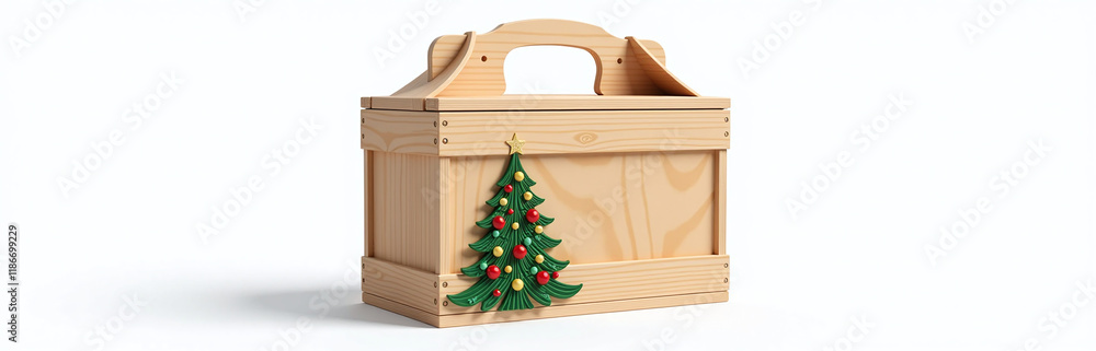 Aufkleber decorated wooden wine box with handle featuring a festive christmas tree design isolated on a clean 