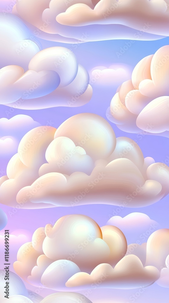 Poster a whimsical cloudscape background wallpaper with cartoonish fluffy clouds floating in a pastel gradi