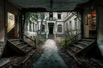 Overgrown pathway leads to an abandoned mansion, its decaying grandeur hinting at a forgotten past.