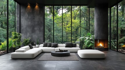 Fototapeta premium Modern Living Room with Cozy Fireplace and Forest View - Serene Atmosphere
