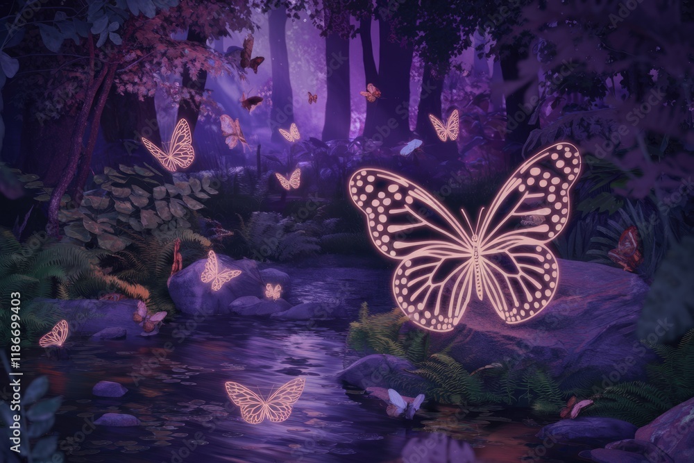 Poster glowing butterflies flutter through a mystical purple forest at night, creating a magical scene.