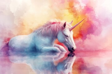A vibrant watercolor depiction of a unicorn resting by a glowing lake, with its reflection shimmering in the multicolored water