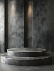 3D rendering of a concrete podium with metal trim in an industrial chic background for product display