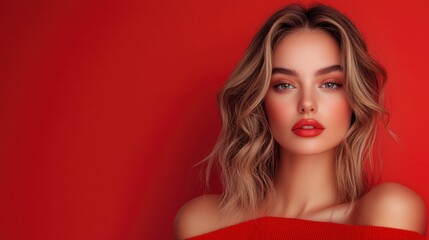 Red Hot Beauty: A captivating portrait of a young woman with shoulder-length wavy blonde hair and striking features, against a vibrant red backdrop. © SSTC AI Photo&Video