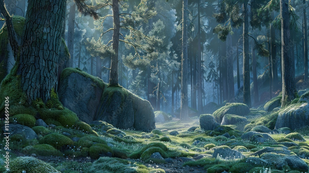 Poster sunlit path through a misty, mossy forest with large rocks and tall trees.