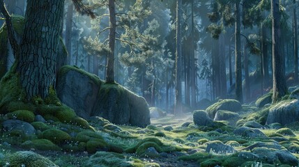 Sunlit path through a misty, mossy forest with large rocks and tall trees.