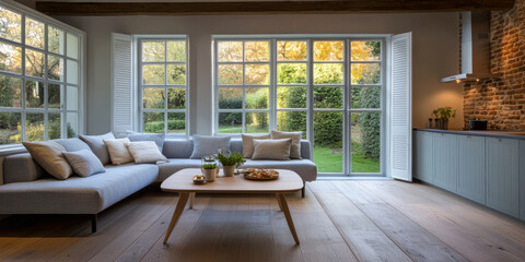 Fototapeta premium Bright living room with large windows showcasing a lush garden view during autumn