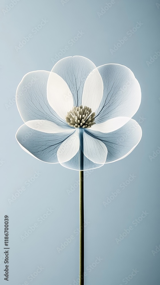 Poster an elegant x ray of a delicate flower with intricate petals glowing softly in translucent white and 