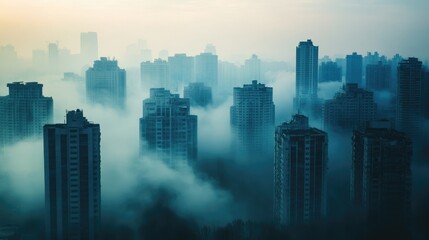 Fototapeta premium A dystopian skyline covered in viral fog, [pandemic future, apocalyptic theme], atmospheric art capturing the mood of a pandemic-ridden world 