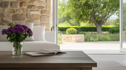 Bright and inviting living room with a view of a lush garden on a sunny day