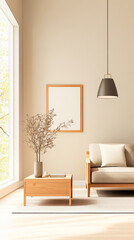Modern living room design featuring a cozy sofa and natural decor elements