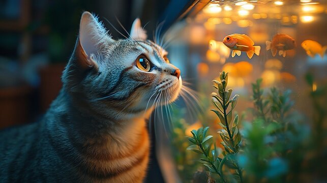 A curious tabby cat observes goldfish in an aquarium