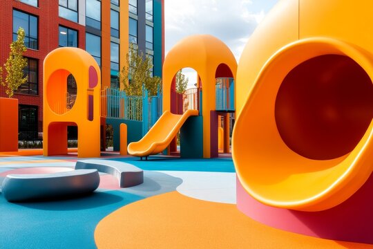 A UV-safe playground with colorful shade structures, ensuring children play safely under the sun