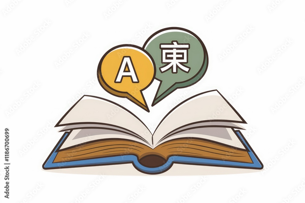 Poster open book with speech bubbles showing english and japanese characters, representing language learnin