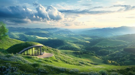 Fototapeta premium A panoramic shot of rolling green hills with a high-tech booth featuring LED lighting and sustainable elements