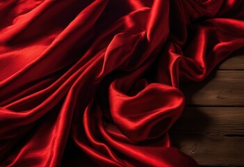 vibrant red fabric elegantly draped over rustic wooden surface showcasing rich textures contrasting colors, background, textile, light, shadow, organic, decor