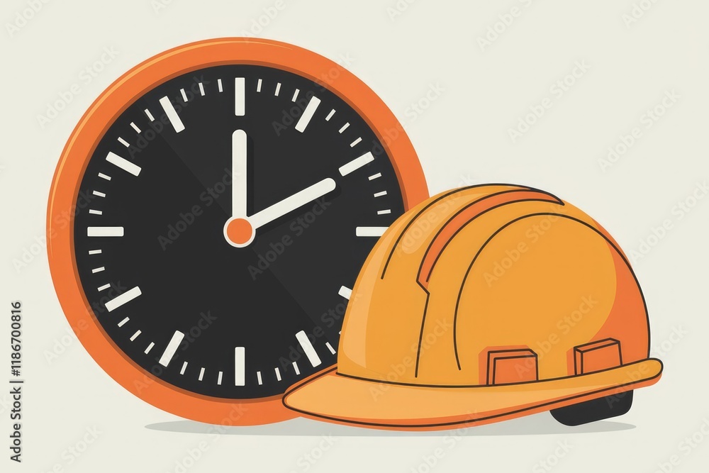 Poster clock and hard hat symbolize time management and construction work.
