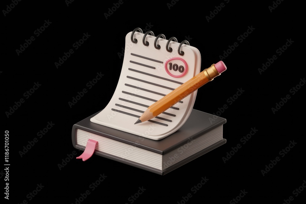 Poster A 3D rendering of a notebook with a perfect score of 100, pencil resting on it.