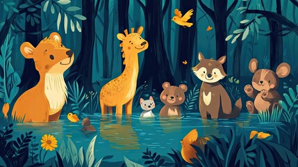Naklejka premium Adorable animals gather peacefully by a forest pool