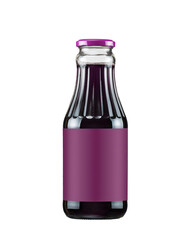 Plum juice, fruit mors in glass bottle with purple label on white background. Grape, blackcurrant, wildberry, pomegranate, beet, cherry nectar juices. Compote. Smoothie. Drink concept. Ice tea. © Artur