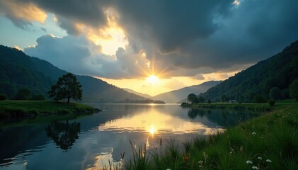 Cloudy skies filter the sunlight on a peaceful riverbank, soothing visuals, dark clouds