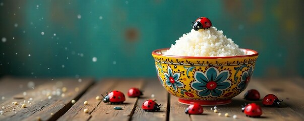 Colorful ceramic sugar bowl on a rustic table, ladybugs, bowl, colorful