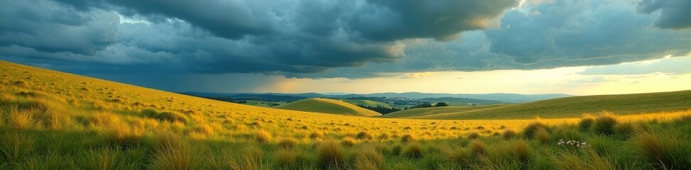 Darkening clouds gather over the rolling hills of Borodino field, grass, wind