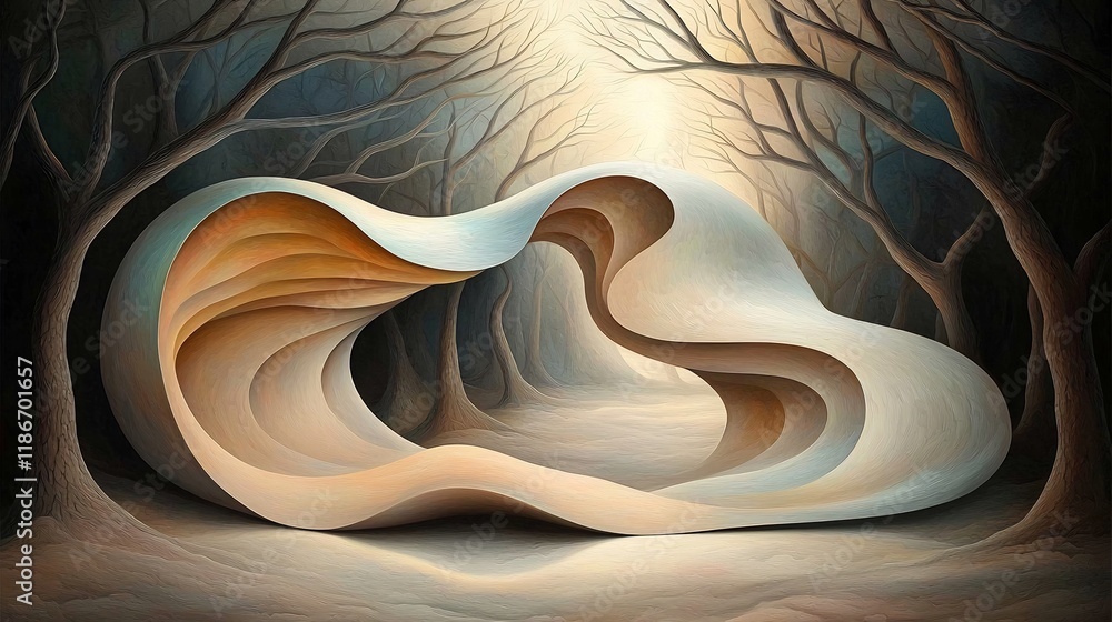 Poster Captivating abstract background design featuring a sweeping undulating iridescent shape in earthy tones flowing dynamically across a sun dappled forest clearing creating a mesmerizing