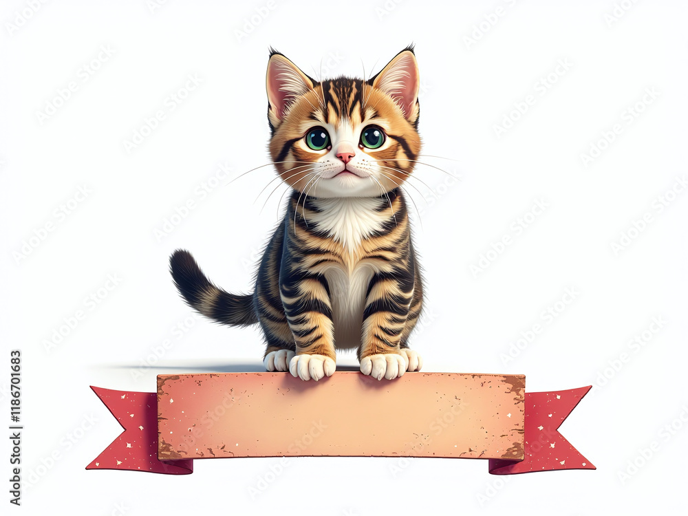 Aufkleber Cute Cat Stands Alone Above A Colorful Banner On A White Background, Generated By An Artificial Intelligence Algorithm. 00002