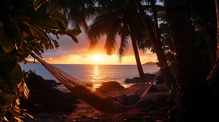 Relaxing in hammock at sunset on tropical beach.