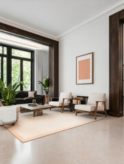 Fototapeta premium Modern living room design featuring large windows and minimalist decor in a stylish home