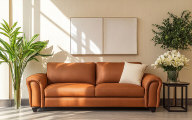 Fototapeta premium Cozy living room with orange sofa and decorative plants at home in bright natural light