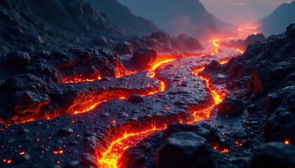 Earthly surface in flames with molten lava flows, flames, volcano, geysers