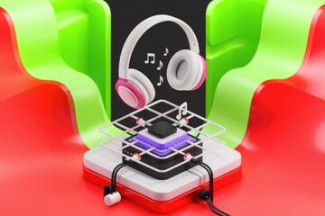 Pink and white headphones levitate above a music player on a vibrant red and green background.