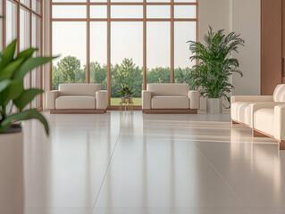Fototapeta premium Bright and modern interior with large windows and comfortable seating in a serene setting
