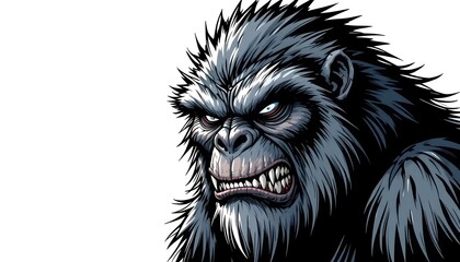 Obraz premium Intense close up of menacing silverback ape with sharp teeth and glowing eyes looking aggressively forward