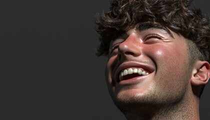Fototapeta premium Close-up of a young man laughing with his eyes closed.