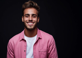 Obraz premium Portrait of a happy man in a denim shirt and white t-shirt, looking at the camera and smiling, isolated on a black background.