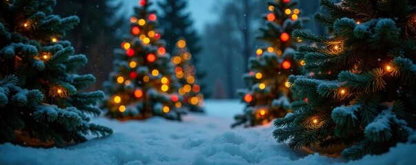 Evergreen trees decorated with colorful lights and ornaments, greenery, decorations