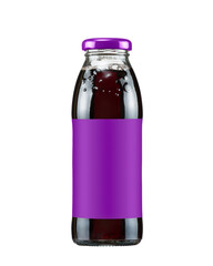 Plum juice in glass bottle with purple label on white background. Grape, blackcurrant, wildberry,...