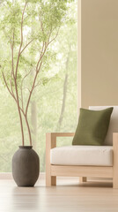 Modern living space with minimalistic furniture and indoor plant by the window