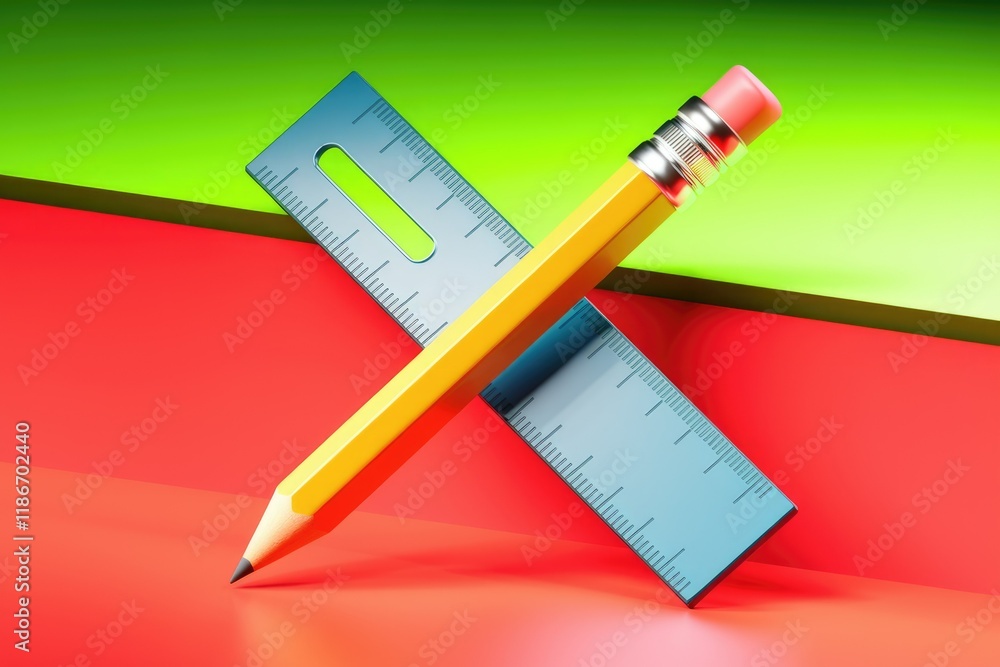 Poster a yellow pencil and a blue ruler intersect on a vibrant green and red background, symbolizing creati